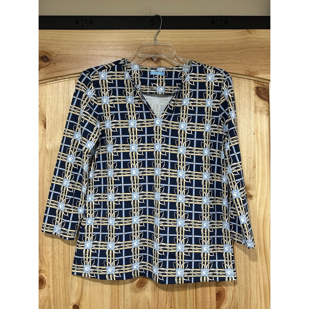 J Mclaughlin Women’s Pullover Tunic V Neck 3/4 Sleeves Blue Floral Stretch M